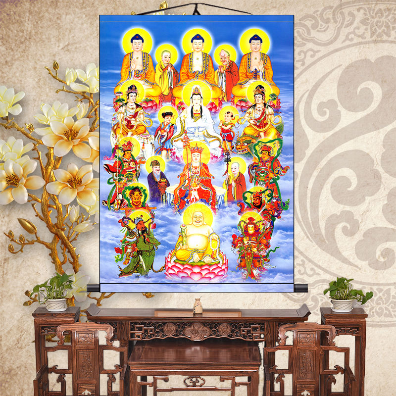 全堂佛画像人物万佛图百佛祖图同堂佛道全堂丝绸卷轴挂画高清结缘【2