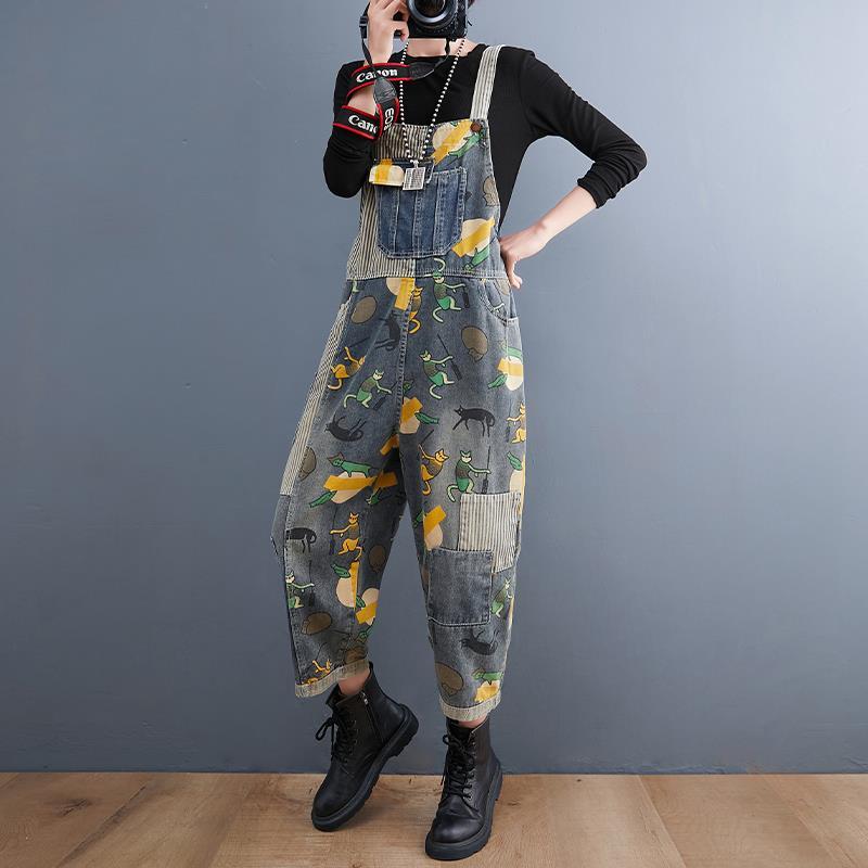 Autumn and winter new 2023 small striped color-blocking denim printed overalls women's loose casual age-reducing jumpsuit