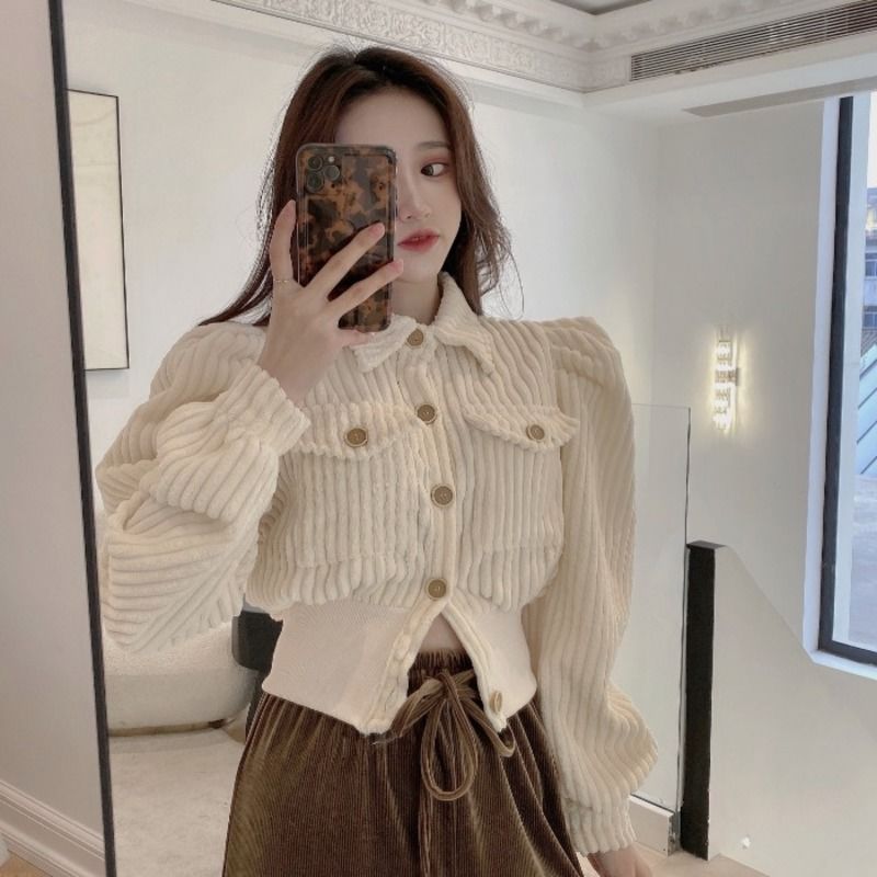 Long-sleeved short lapel corduroy cardigan jacket for women spring and autumn  new Korean version versatile casual slimming top