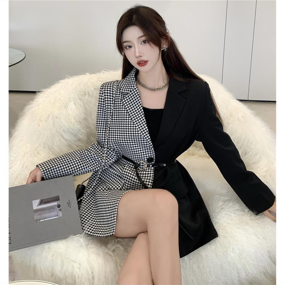 千鳥格西裝外套女夏季撞色設計感小眾寬鬆氣質長袖西服中長款上衣