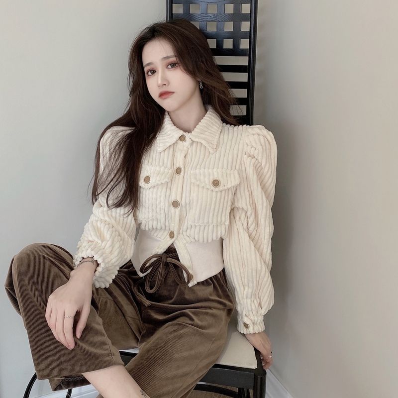 Long-sleeved short lapel corduroy cardigan jacket for women spring and autumn  new Korean version versatile casual slimming top