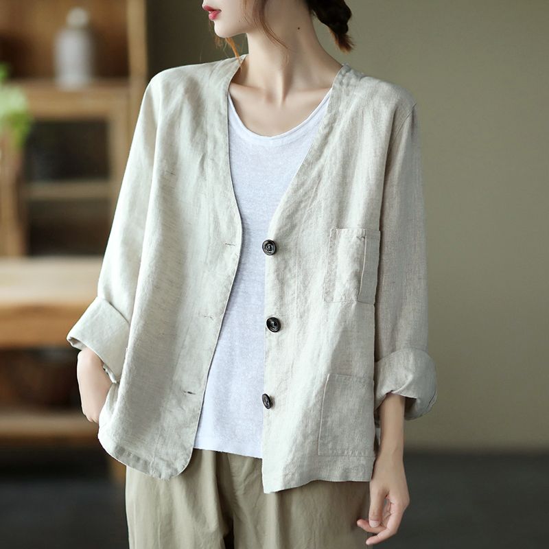 Autumn 2023 Large Size Loose Literary Three Button Temperament Suit Collar Jacket Women's Cotton Linen Cardigan Casual Top