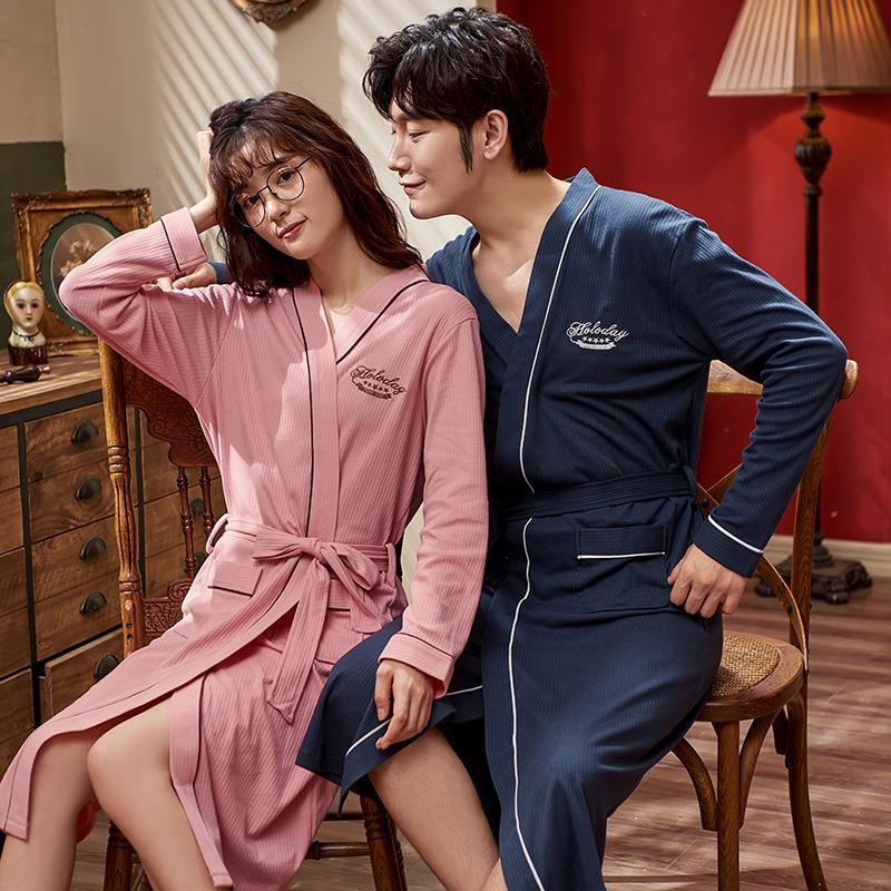 Couple's nightgown spring and autumn cotton long bathrobe women's men's autumn and winter long-sleeved thin Japanese-style sleeping
