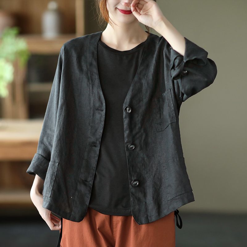 Autumn 2023 Large Size Loose Literary Three Button Temperament Suit Collar Jacket Women's Cotton Linen Cardigan Casual Top