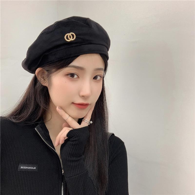 Berretto nero dolce e fresco di alta qualità per l'industria pesante, cappello da pittore vintage elegante con sommità piatta in velluto di inizio autunno_voghion.com