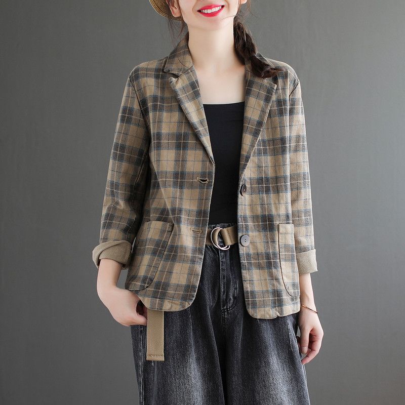Literary cotton and linen plaid blazer for women, spring and autumn casual slim long-sleeved short ladies small suit with versatile temperament