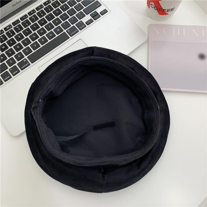 Berretto nero dolce e fresco di alta qualità per l'industria pesante, cappello da pittore vintage elegante con sommità piatta in velluto di inizio autunno_voghion.com