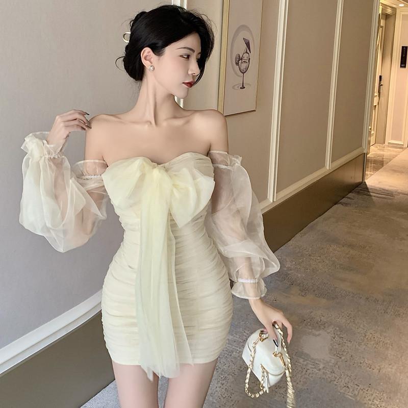 女神范氣質時尚網紗系帶抽褶一字領露肩掛脖長袖連衣裙短款包臀裙