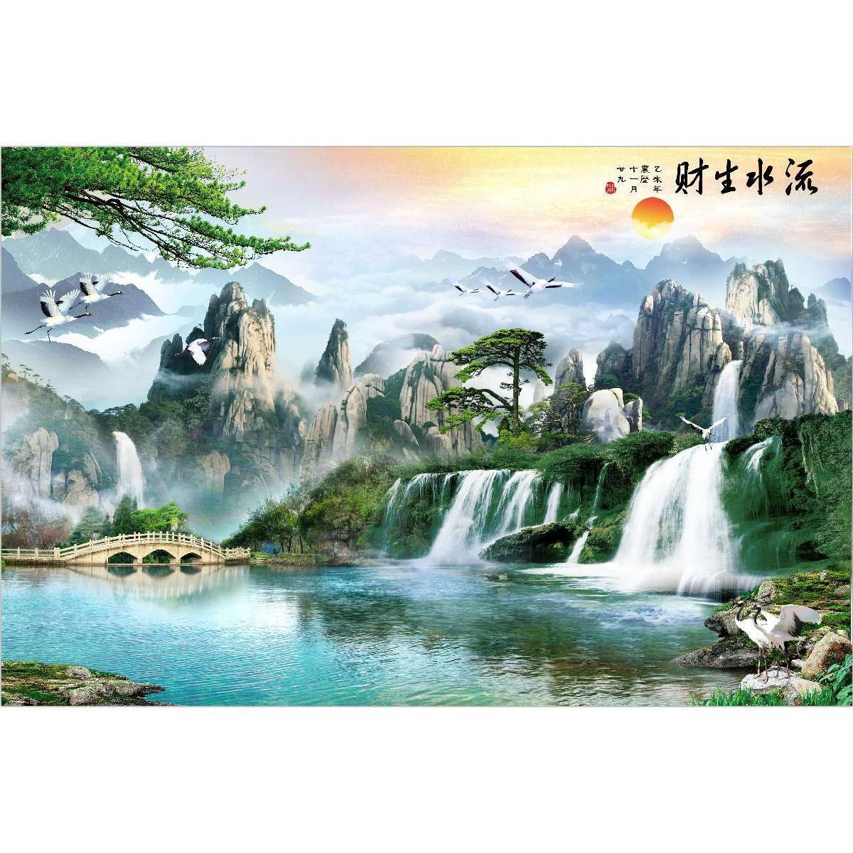 紫气东来生财瓷砖生庭院宝地照壁山水画拼花流水门墙金迎福字壁画