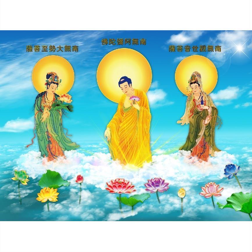 西方三圣画像挂画阿弥陀佛西方三圣接引图佛像画高清供奉