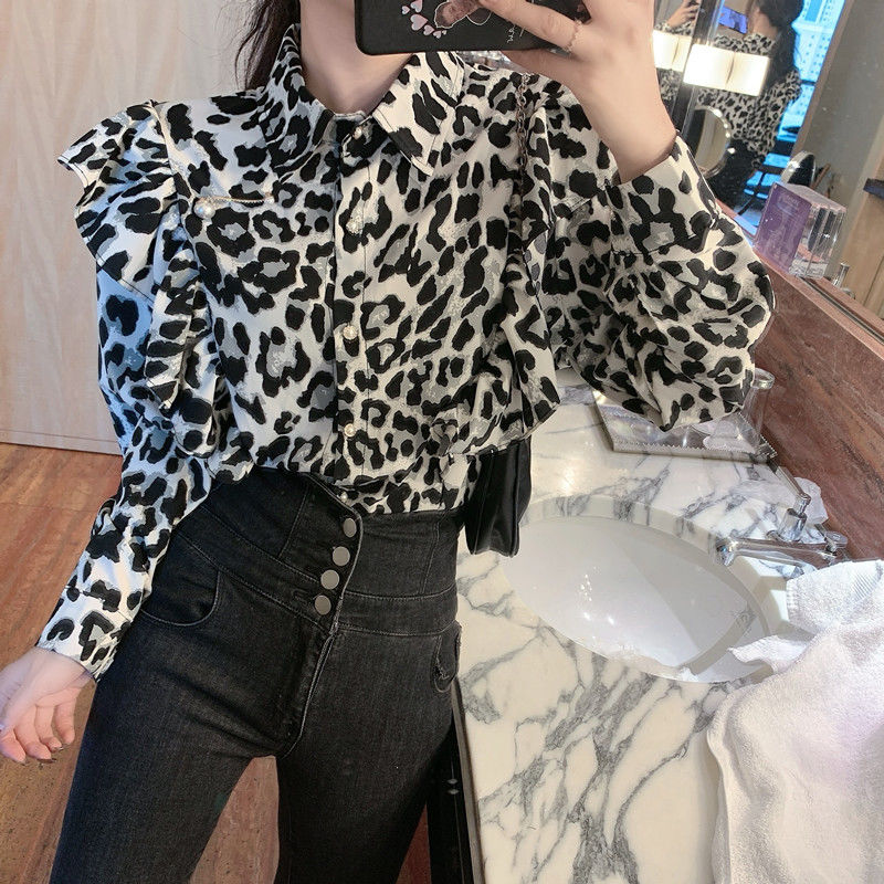 復古港風豹紋長袖襯衫女設計感小眾2021年秋冬新款洋氣質百搭上衣