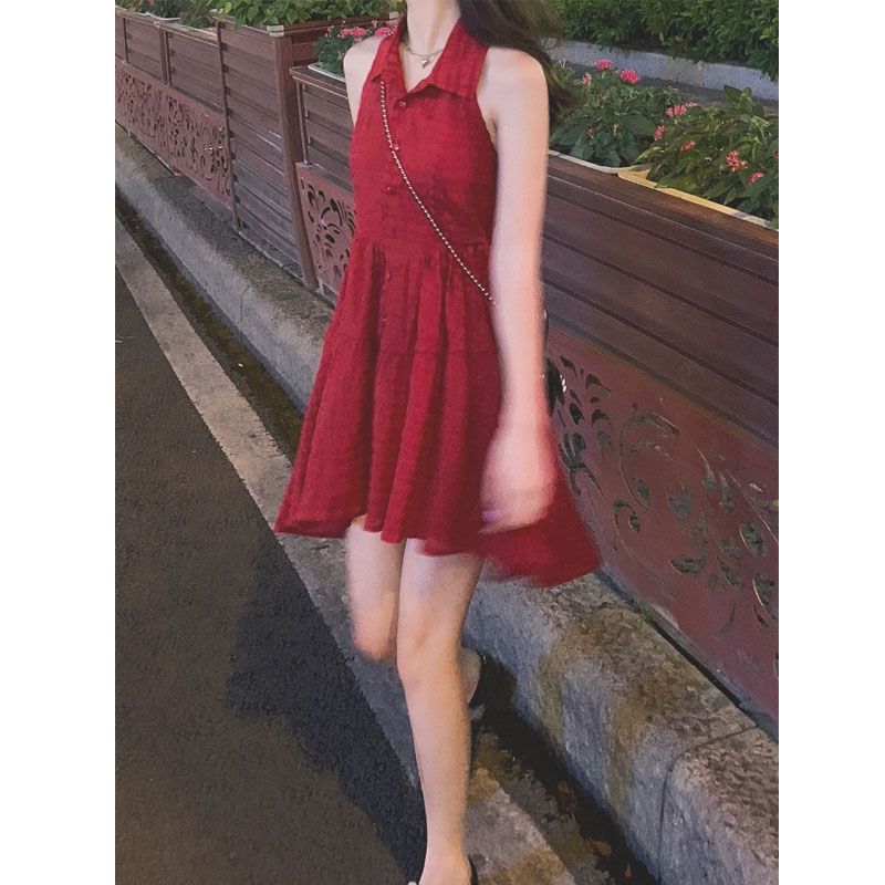 Women's new 2021 hot style net red hanging neck polo shirt white sleeveless small dress little red skirt