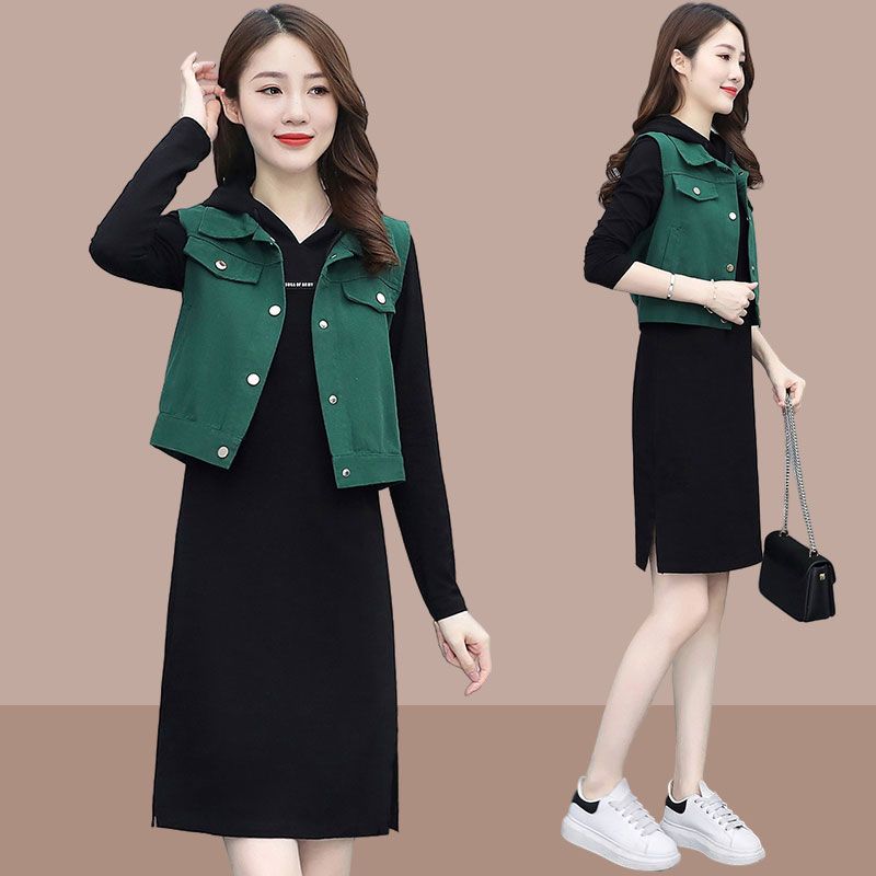 Age-reducing temperament suit female spring and autumn new fashion casual hooded long-sleeved dress western style vest two-piece trendy