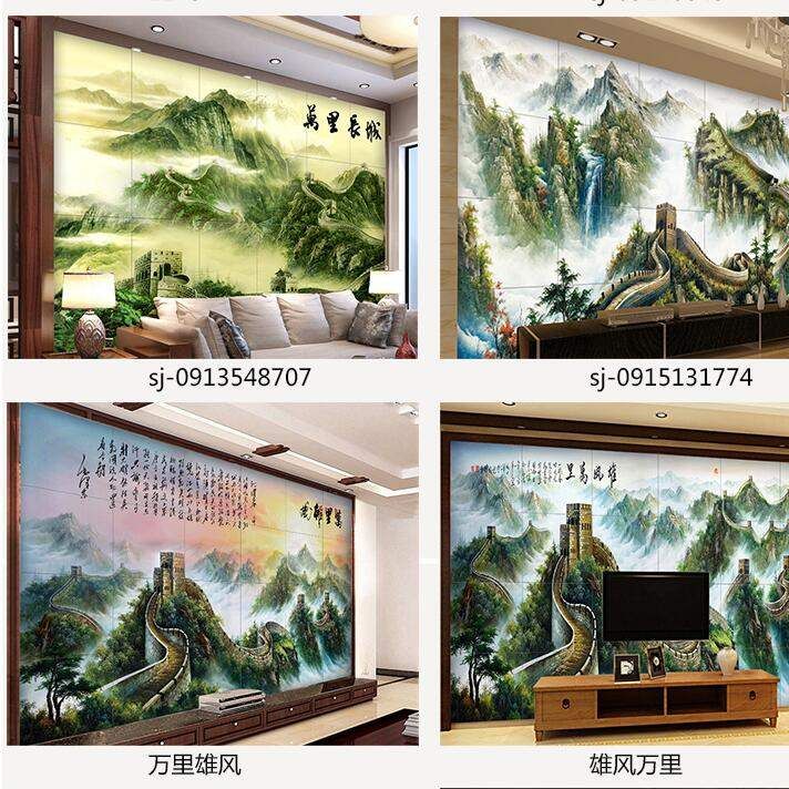 定制瓷砖松鹤延年迎客松山水风景画影视墙迎门墙瓷砖背景墙室内外