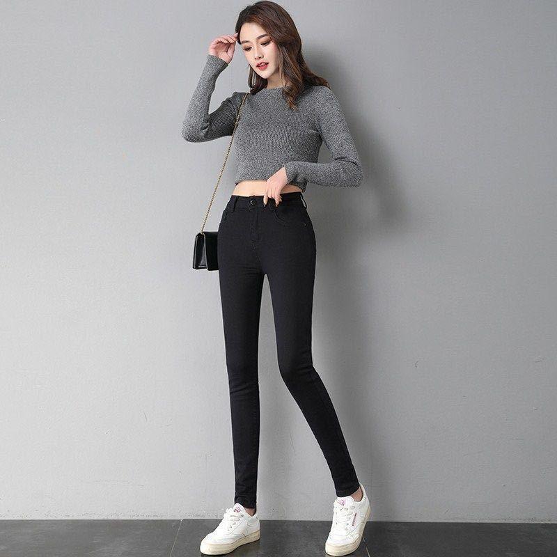 New style jeans women's high waist Korean version black pencil pants large size women's clothing students slim nine points pencil long pants