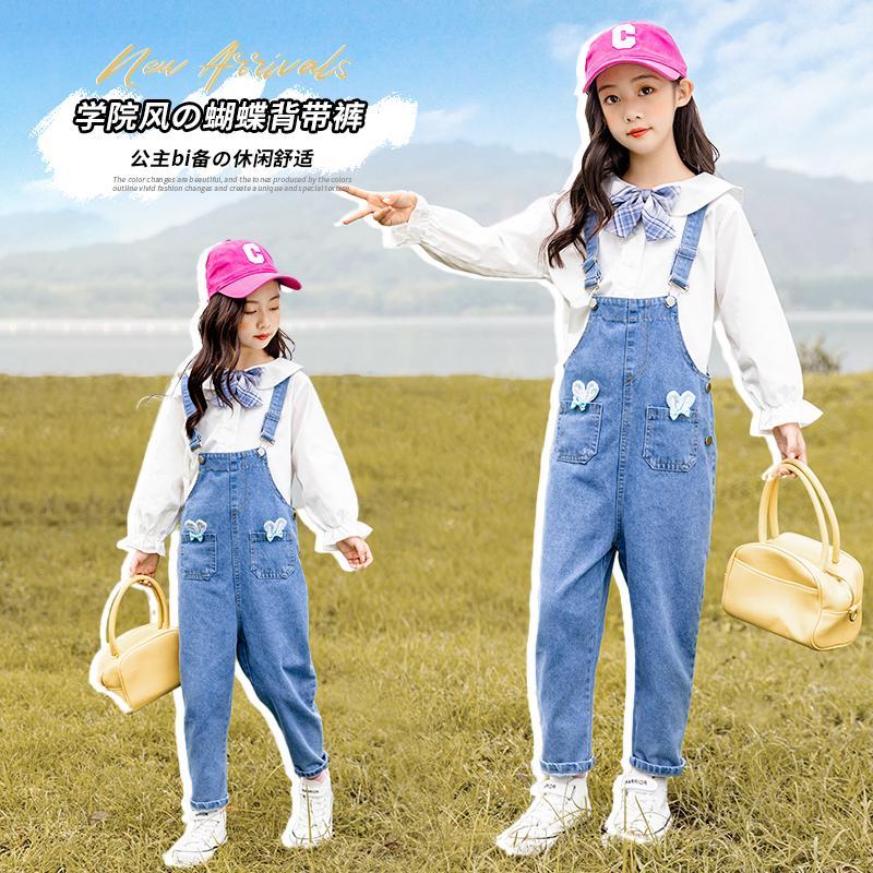 女童牛仔背帶褲春秋新款蝴蝶結襯衫兔耳朵牛仔吊帶褲兩件套大童潮