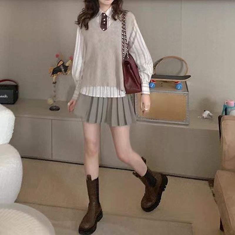 Retro Hong Kong style shirt female design sense niche early spring  new college style all-match striped long-sleeved top