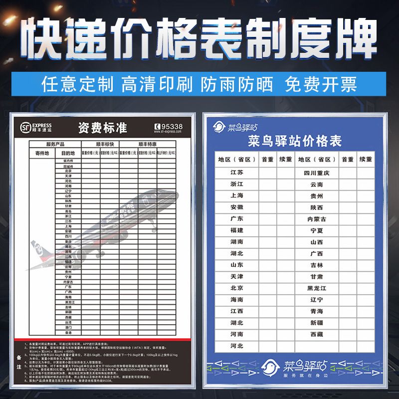 快递价格表收费标准挂图菜鸟驿站宅急送顺丰圆通邮政中通申通韵达