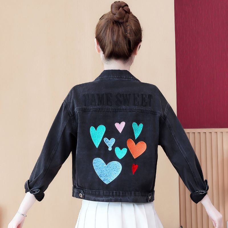 80-200 catties large size denim jacket female spring and autumn love fashion embroidery Korean version loose popular all-match top