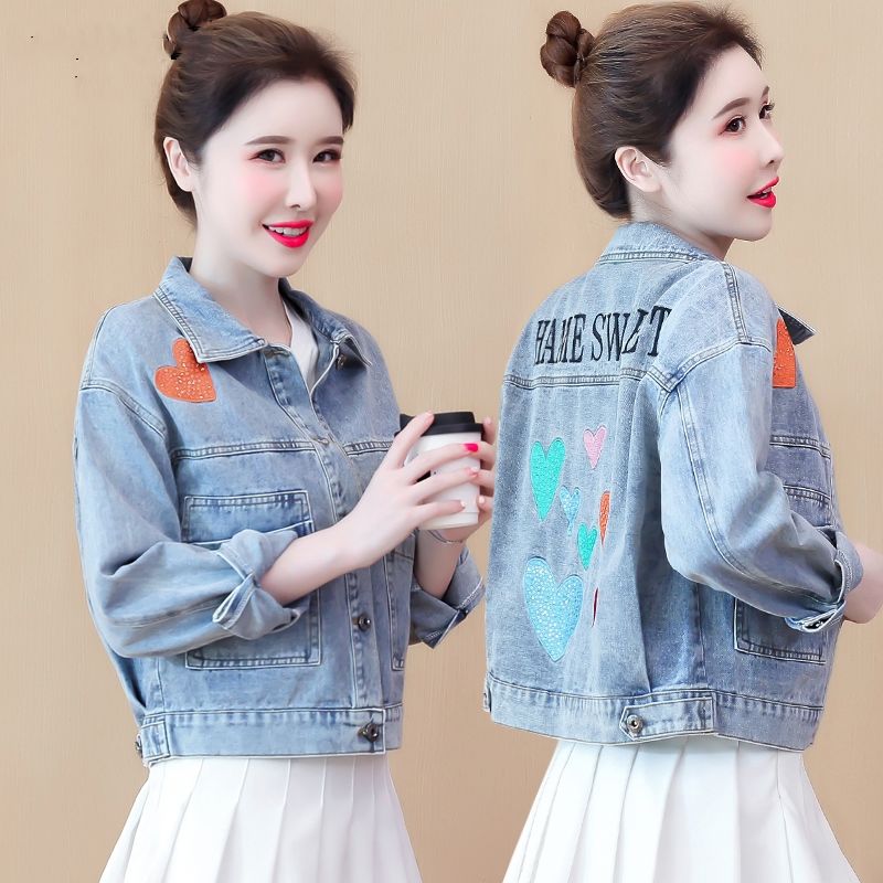 80-200 catties large size denim jacket female spring and autumn love fashion embroidery Korean version loose popular all-match top