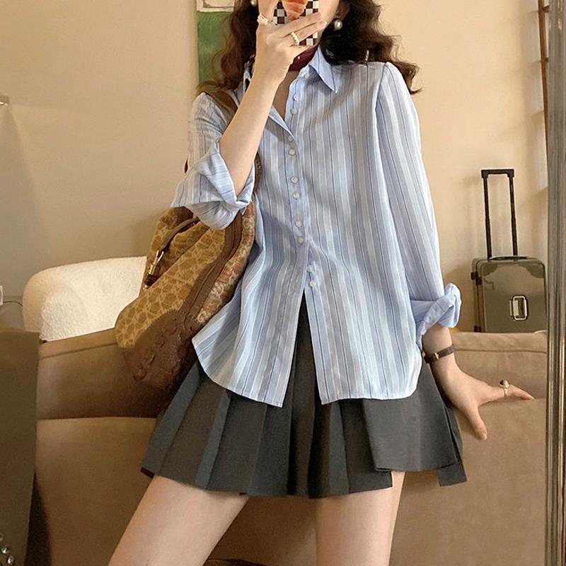 Retro Hong Kong style shirt female design sense niche early spring  new college style all-match striped long-sleeved top