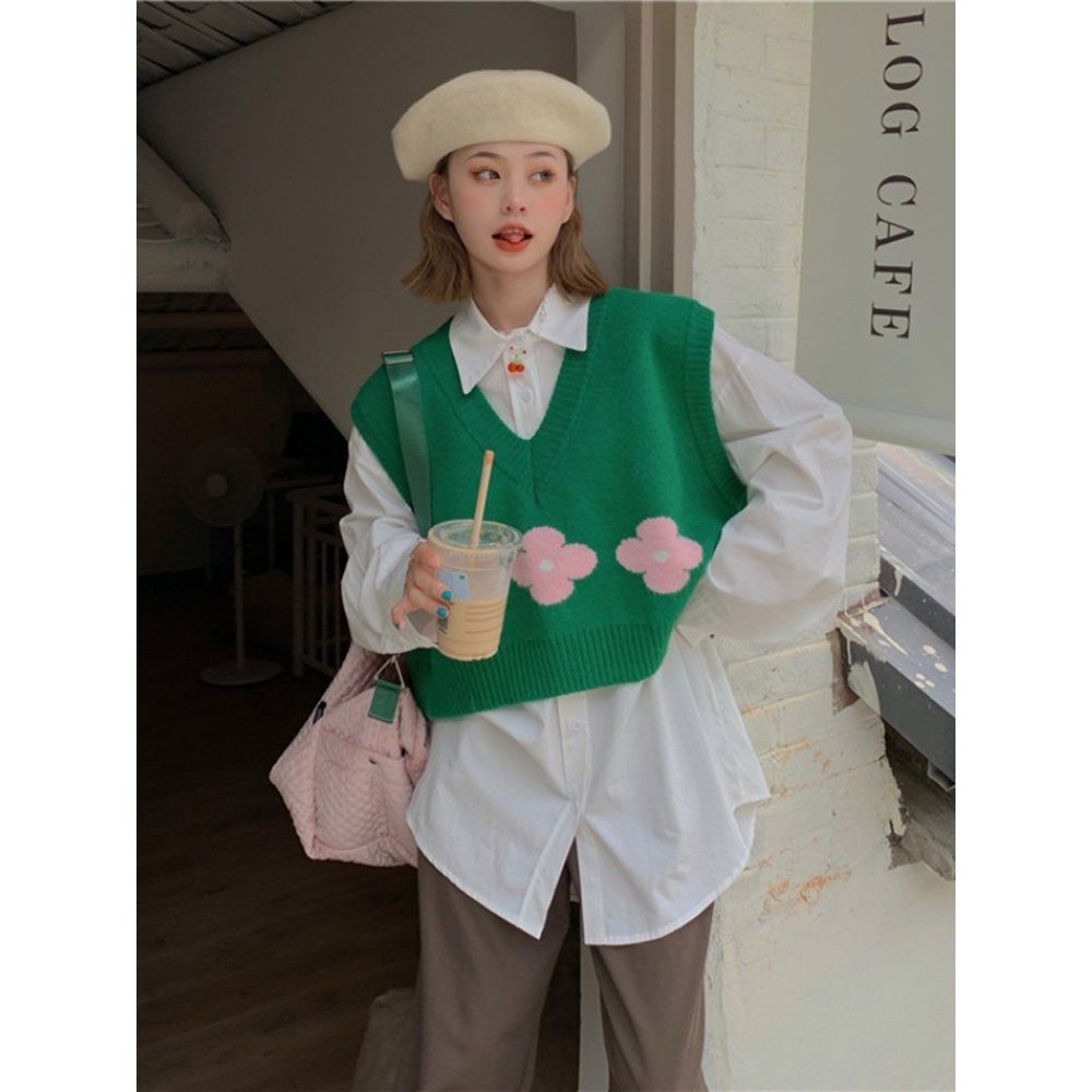 Single piece/suit 2023 spring and autumn Korean style loose long-sleeved shirt + retro stacked knitted sweater vest two-piece set