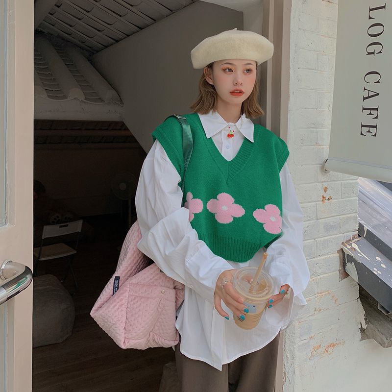 Single piece/suit 2023 spring and autumn Korean style loose long-sleeved shirt + retro stacked knitted sweater vest two-piece set