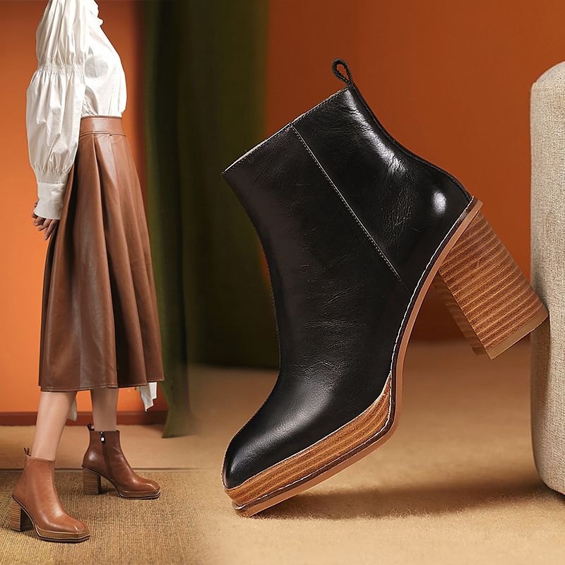 tata bailun黑色方头高跟短靴女复古2021年春秋真皮女靴子防水台