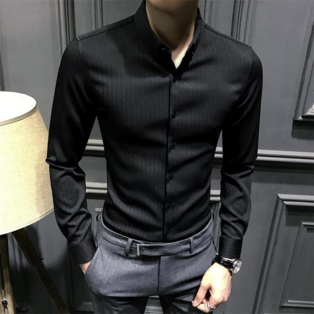 秋季衬衫男长袖黑色韩版潮流免烫修身时尚男士衬衣2021新款休闲