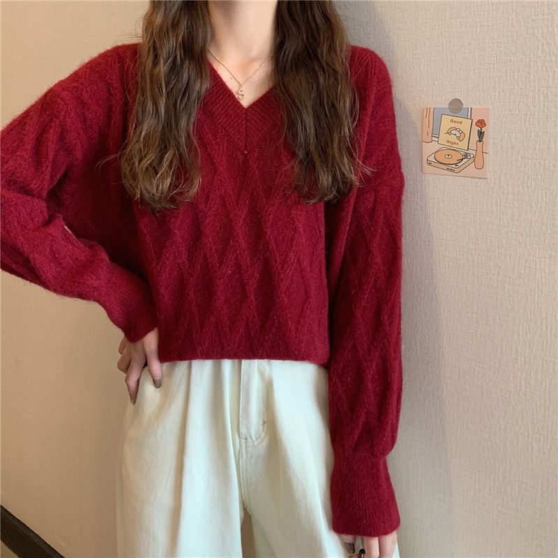 红色毛衣女装秋季新款韩系温柔慵懒风宽松v领外穿套头针织衫上衣【2月