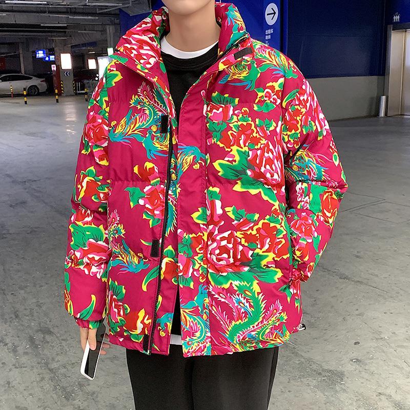 东北花棉袄子国潮棉服炸街中国风红色牡丹花裤子2021年新款男套装