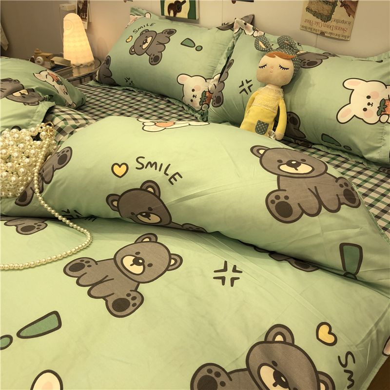 绿色卡通小熊少女心四件套儿童床上用品学生宿舍三件套被套床单