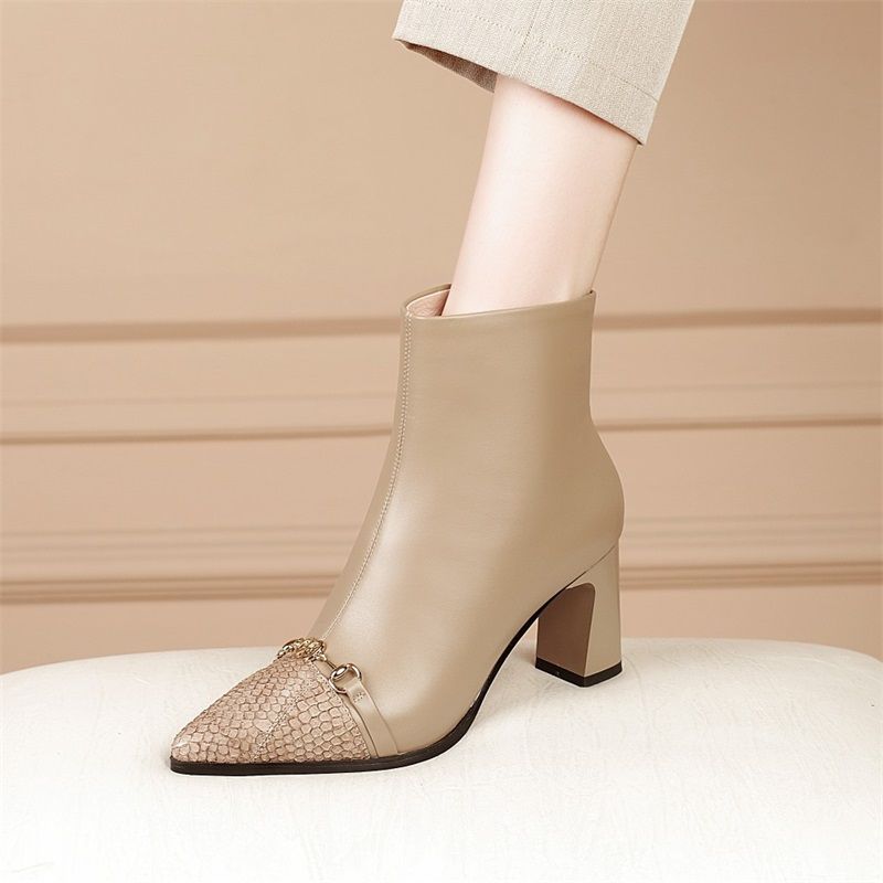 百丽朵芙高跟鞋女短靴春秋单皮靴2021年新款真皮裸色靴子冬尖头粗