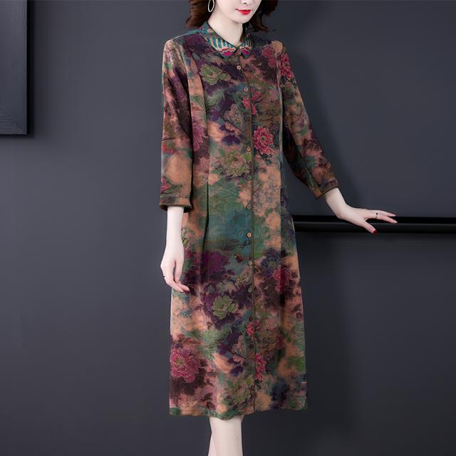 重磅香云纱真丝印花连衣裙女2021新款春秋中老年妈妈长袖宽松裙子