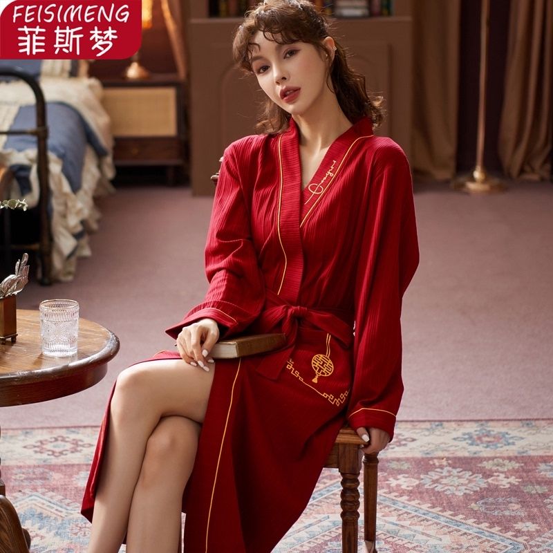 Red nightgown female bride morning gown spring and autumn knot wedding pajamas bridesmaid bathrobe 2021 new cotton long