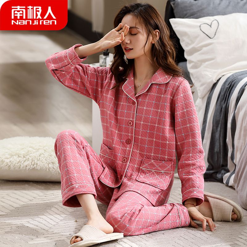 Quilted pajamas women's autumn and winter pure cotton thick interlayer plus size old man grandma cardigan cotton home service suit