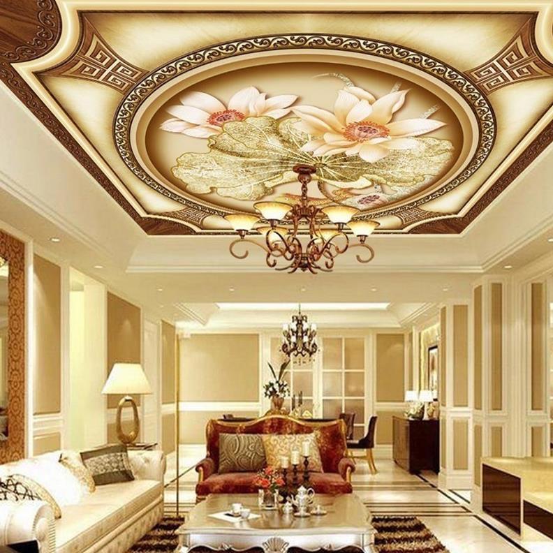 中式酒店客厅吊顶墙纸卧室顶棚天花板屋顶壁画墙布壁纸荷花图