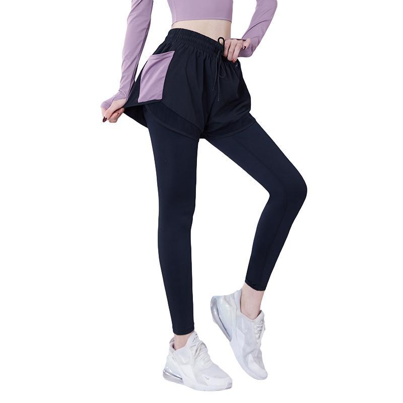 范斯蒂克 瑜伽裤女假两件长款显瘦运动裤跑步健身蜜桃提臀紧身裤