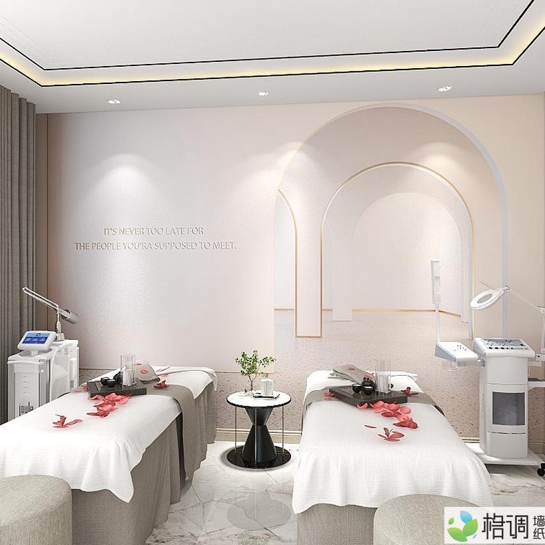 网红莫兰迪色壁纸3d延伸空间前台背景墙皮肤管理轻奢风美容院墙纸