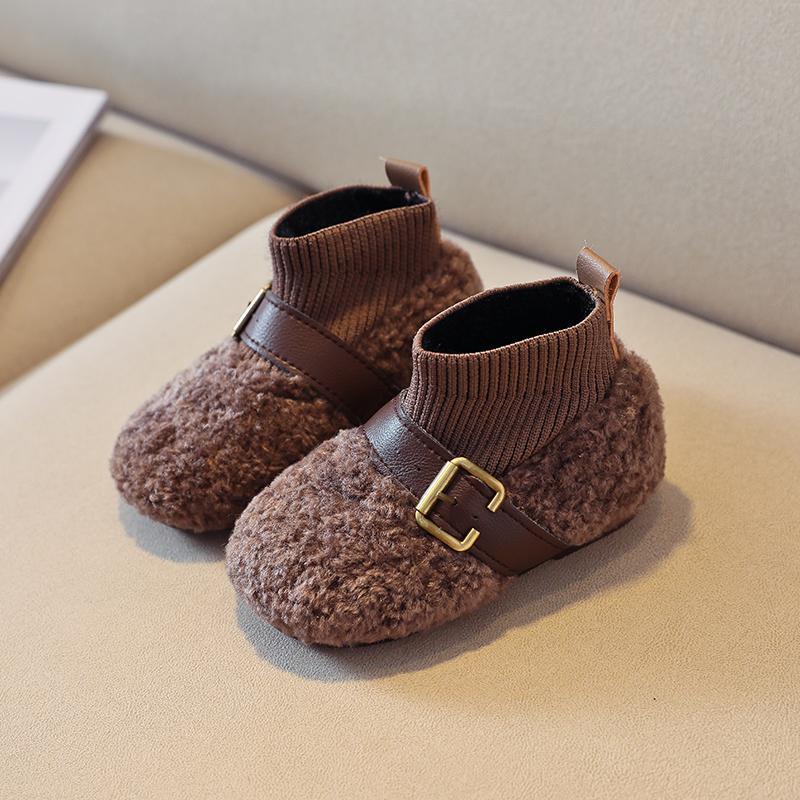 Korean version of the flying knitted socks overshoes warm inner fur shoes boys and girls new 2022 cotton shoes soft bottom baby shoes students