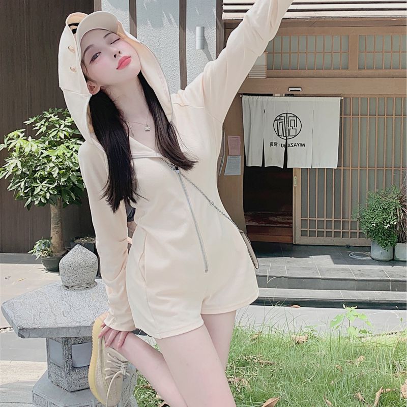 Juxian thin autumn new long-sleeved hoodie casual one-piece shorts women's small