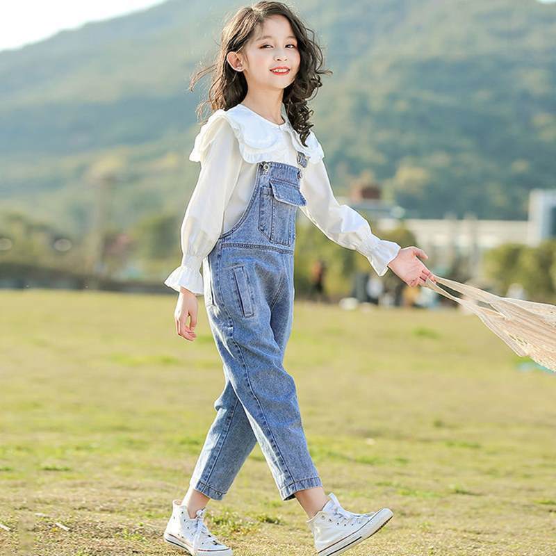 Girls denim bib pants new middle and big children Korean version pants spring and autumn foreign style children's autumn suit 10 years old