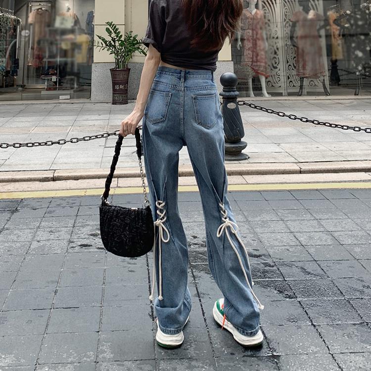 Autumn and winter large size fat MM black strappy jeans women's high waist loose and thin spring and autumn straight wide leg trousers