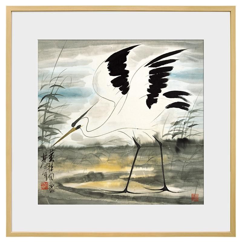 方形画新中式白鹭装饰画玄关国画过道走廊卡纸挂画竖版中国风壁画