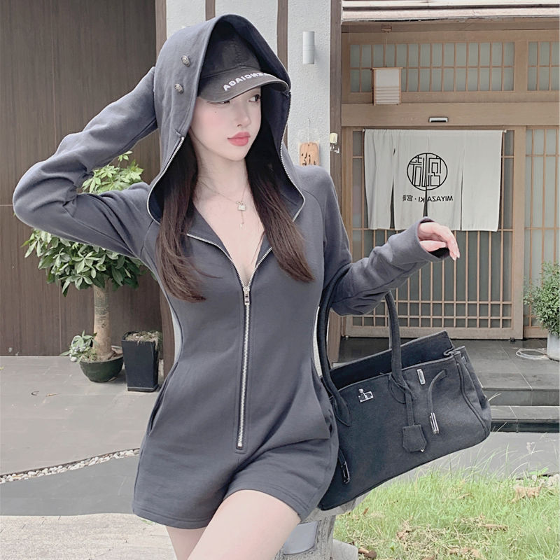 Juxian thin autumn new long-sleeved hoodie casual one-piece shorts women's small