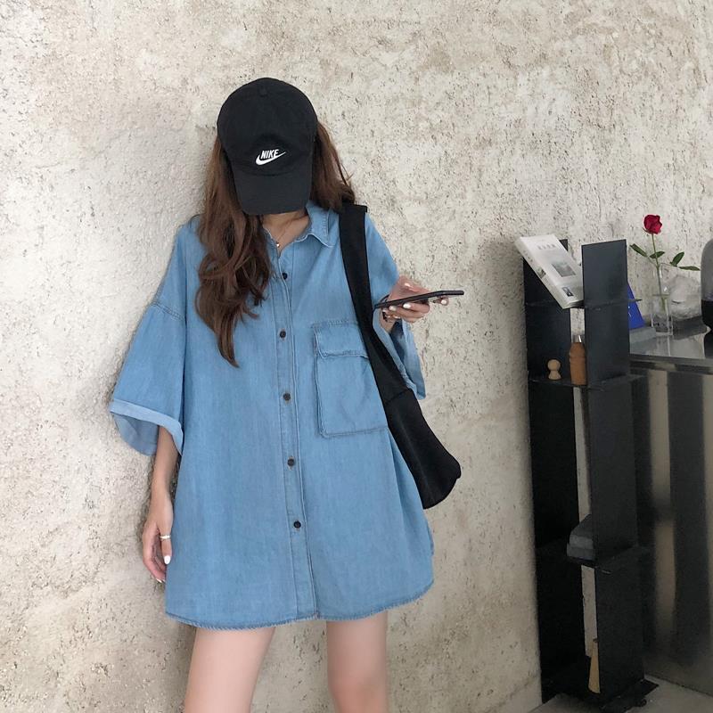 Denim shirt women's trendy thin section loose mid-length short-sleeved shirt summer bf large size lower body missing top women