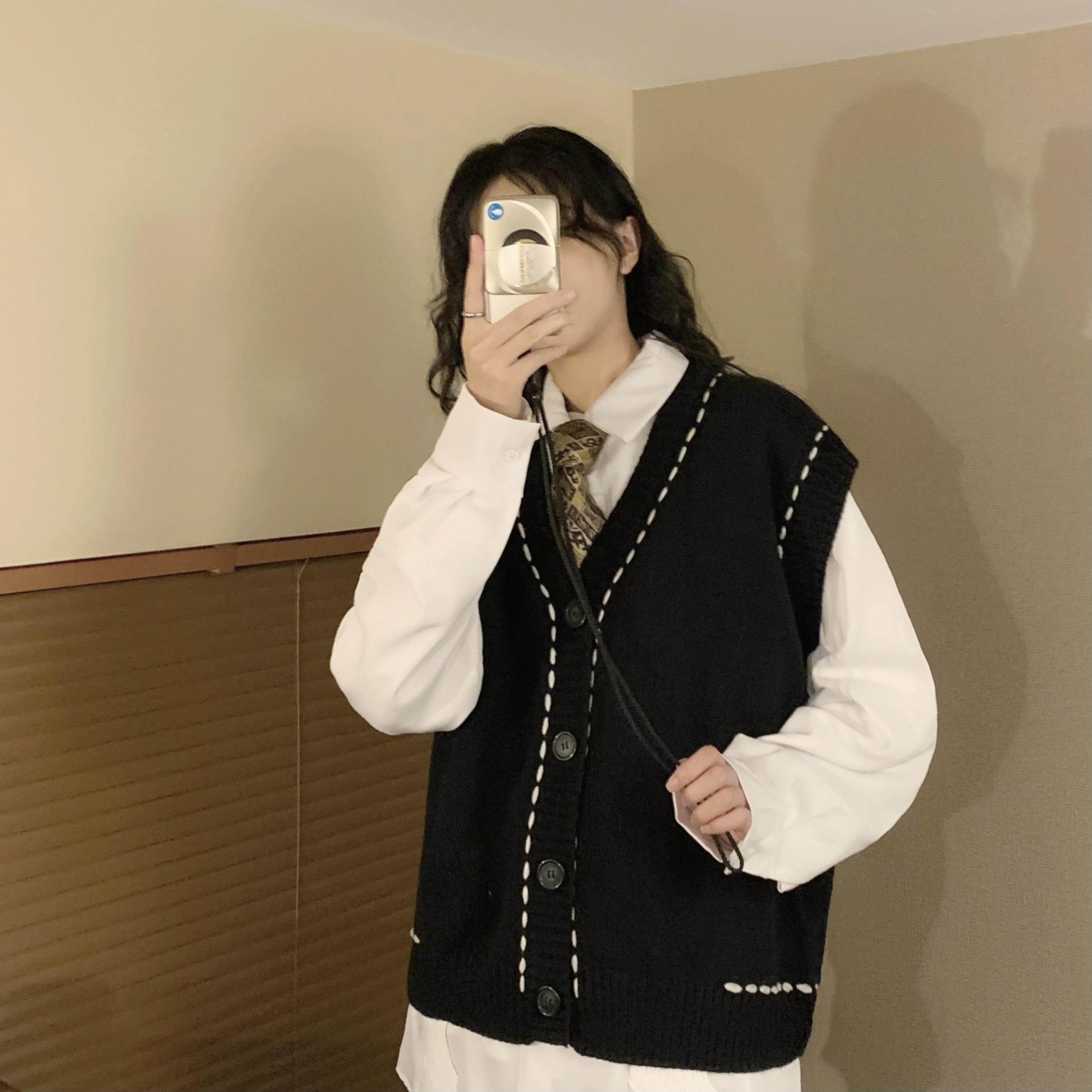兩件套裝/單件春秋學院風針織衫外套寬鬆鹽系少女開衫毛衣+襯衫