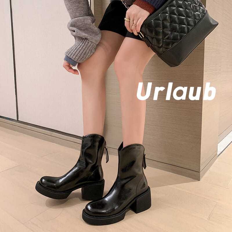 Soft ~ thick heel and thin short boots V mouth  autumn and winter leather mid-well boots small western boots women's high-heeled waterproof platform