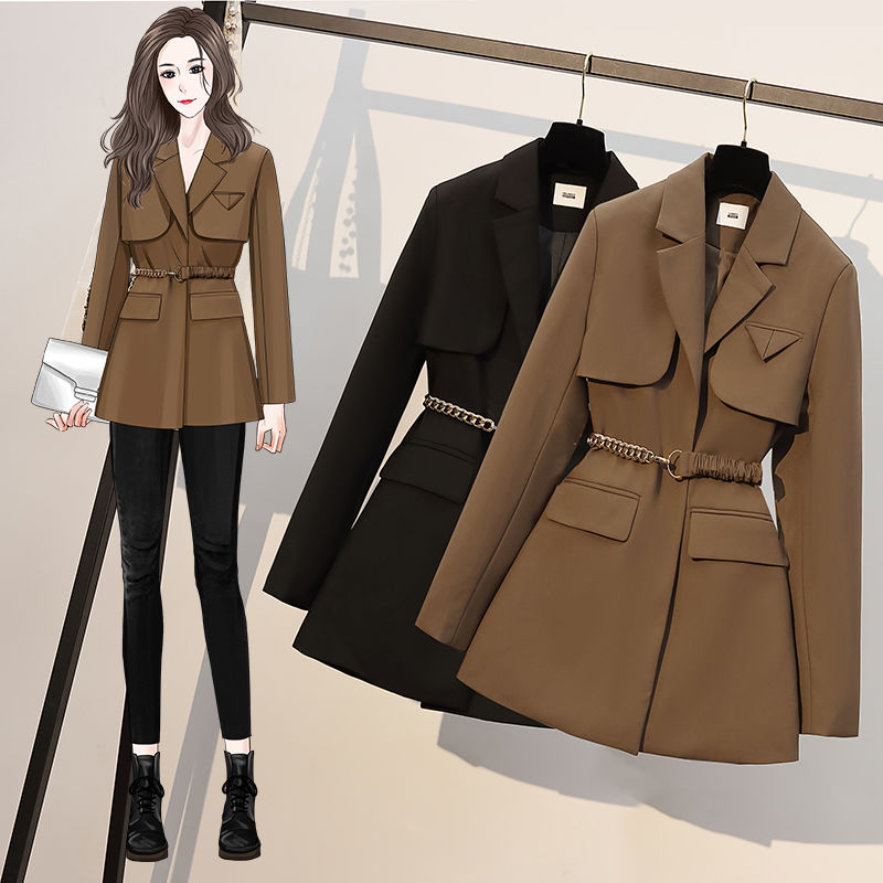 Plus-size women's autumn suit women's 2022 new waist-shrinking, slimming, age-reducing, meat-covering, foreign-style mid-length solid-color jacket