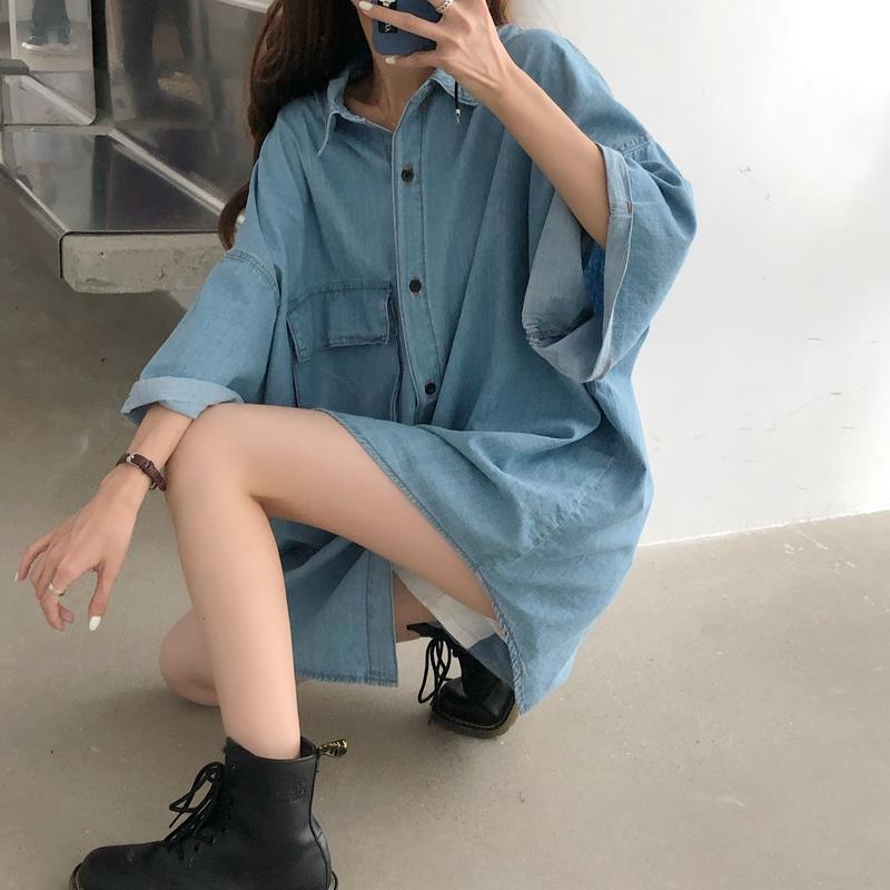 Denim shirt women's trendy thin section loose mid-length short-sleeved shirt summer bf large size lower body missing top women